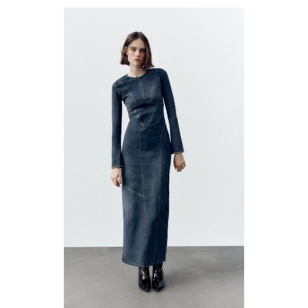 Zara Cowgirl Small w/ stretch Denim Maxi Dress Long Fitted Sleeves Back Slit